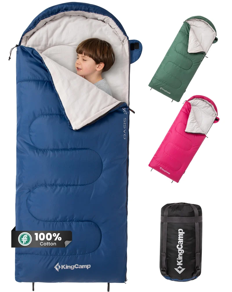 KingCamp Oasis 250S+ Kids Sleeping Bag, Hooded Youth Sleeping Bag for Camping, Soft Cotton Flannel Lining, 53.6°F Comfort, Compression Sack Included