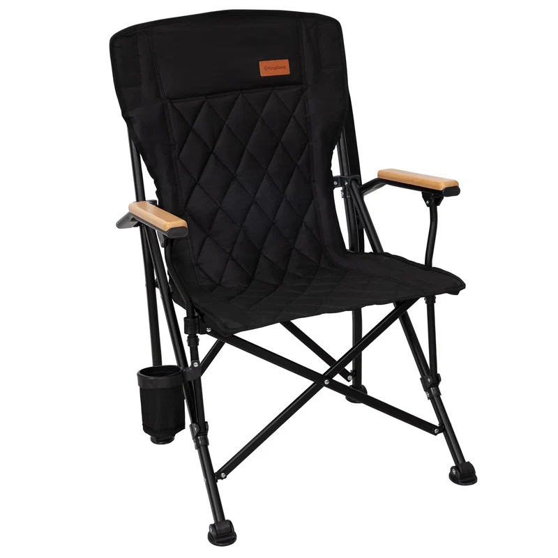 KingCamp GUAVA C00 Padded Folding Camping Chair, High Back Outdoor Armchair with Beech Wood Armrests, Cup Holder, Adjustable Feet & Carry Bag