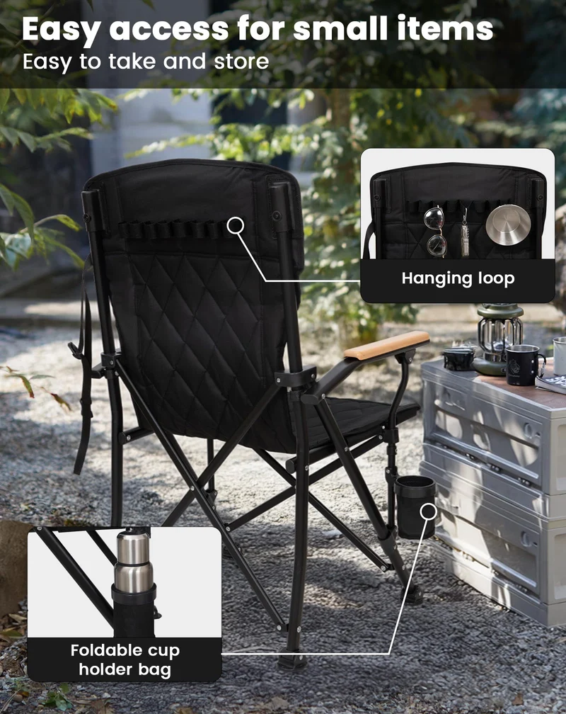 KingCamp GUAVA C00 Padded Folding Camping Chair, High Back Outdoor Armchair with Beech Wood Armrests, Cup Holder, Adjustable Feet & Carry Bag