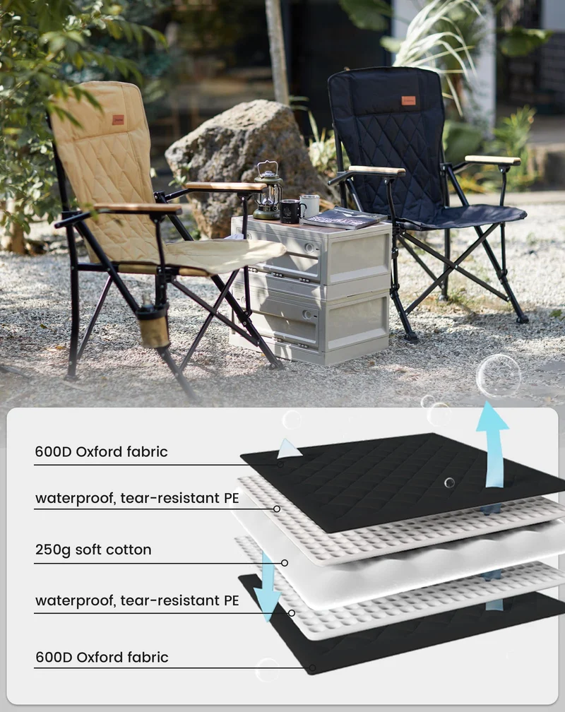 KingCamp GUAVA C00 Padded Folding Camping Chair, High Back Outdoor Armchair with Beech Wood Armrests, Cup Holder, Adjustable Feet & Carry Bag