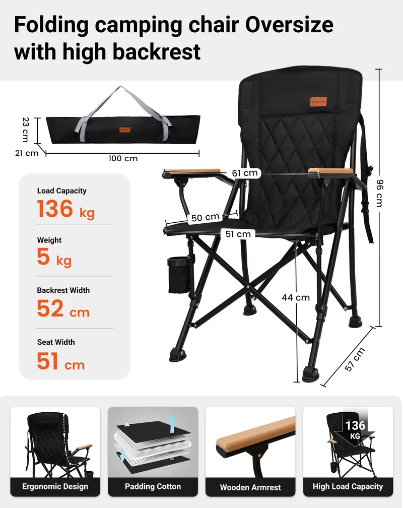 KingCamp GUAVA C00 Padded Folding Camping Chair, High Back Outdoor Armchair with Beech Wood Armrests, Cup Holder, Adjustable Feet & Carry Bag