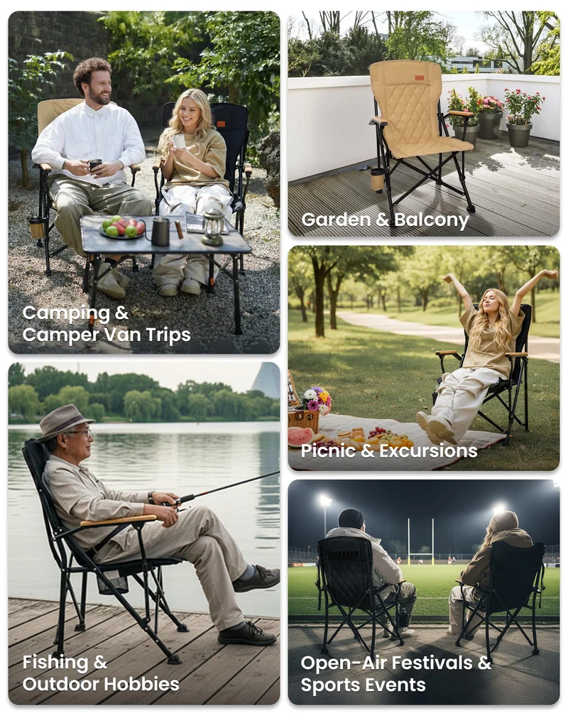 KingCamp GUAVA C00 Padded Folding Camping Chair, High Back Outdoor Armchair with Beech Wood Armrests, Cup Holder, Adjustable Feet & Carry Bag