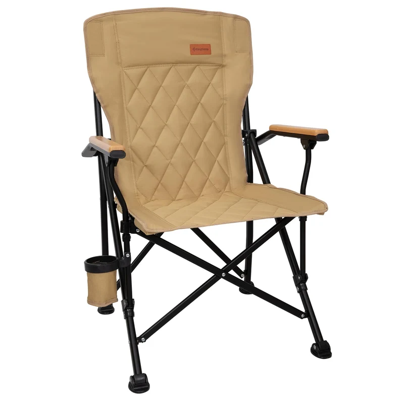 KingCamp GUAVA C00 Padded Folding Camping Chair, High Back Outdoor Armchair with Beech Wood Armrests, Cup Holder, Adjustable Feet & Carry Bag