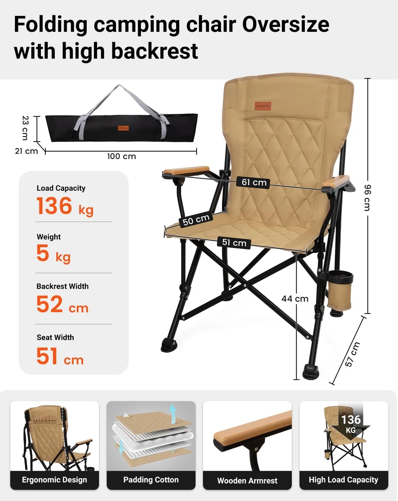 KingCamp GUAVA C00 Padded Folding Camping Chair, High Back Outdoor Armchair with Beech Wood Armrests, Cup Holder, Adjustable Feet & Carry Bag