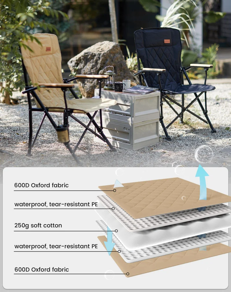 KingCamp GUAVA C00 Padded Folding Camping Chair, High Back Outdoor Armchair with Beech Wood Armrests, Cup Holder, Adjustable Feet & Carry Bag