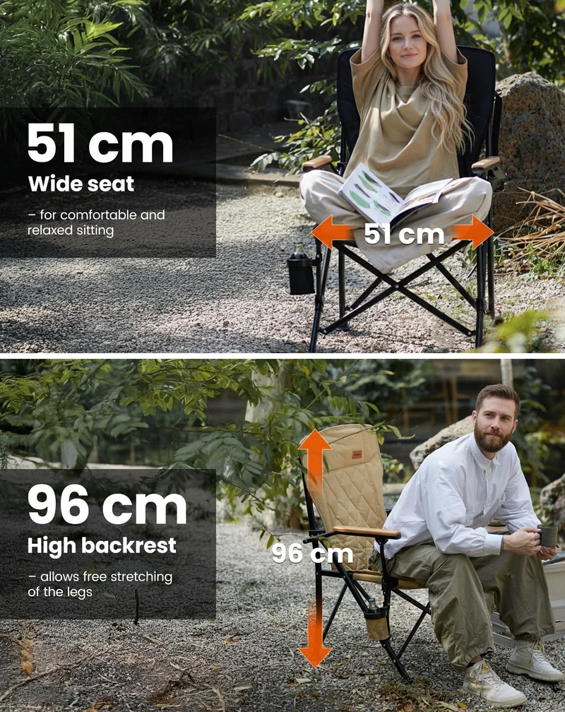KingCamp GUAVA C00 Padded Folding Camping Chair, High Back Outdoor Armchair with Beech Wood Armrests, Cup Holder, Adjustable Feet & Carry Bag