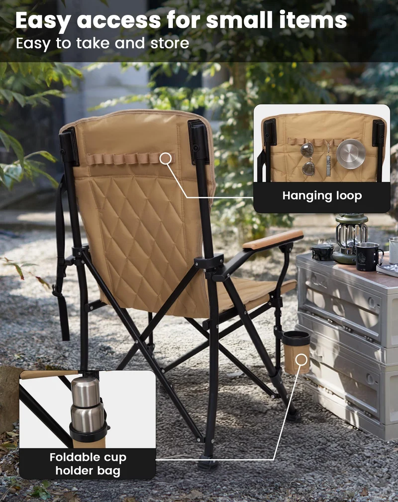 KingCamp GUAVA C00 Padded Folding Camping Chair, High Back Outdoor Armchair with Beech Wood Armrests, Cup Holder, Adjustable Feet & Carry Bag