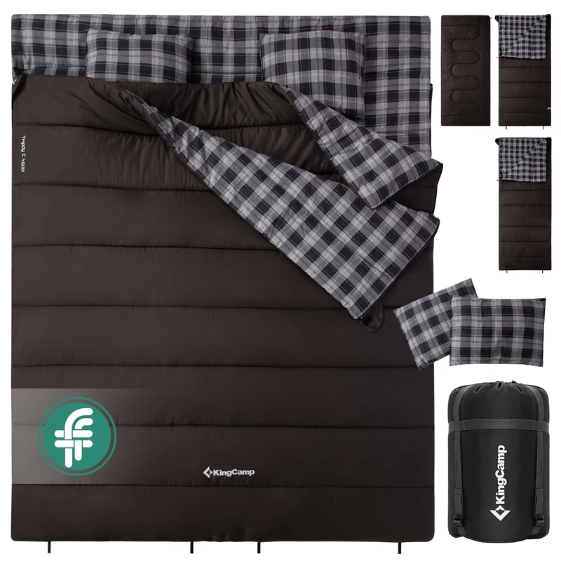 KingCamp Trippy C 450D 3-in-1 Double Sleeping Bag, 32°F Comfort Flannel-Lined 2-Person Camping Bag with Blanket & 2 Pillows
