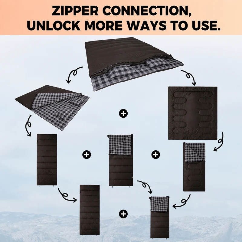 KingCamp Trippy C 450D 3-in-1 Double Sleeping Bag, 32°F Comfort Flannel-Lined 2-Person Camping Bag with Blanket & 2 Pillows