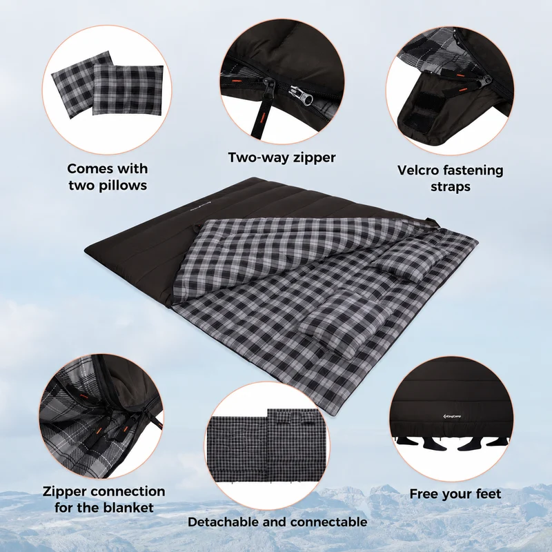 KingCamp Trippy C 450D 3-in-1 Double Sleeping Bag, 32°F Comfort Flannel-Lined 2-Person Camping Bag with Blanket & 2 Pillows