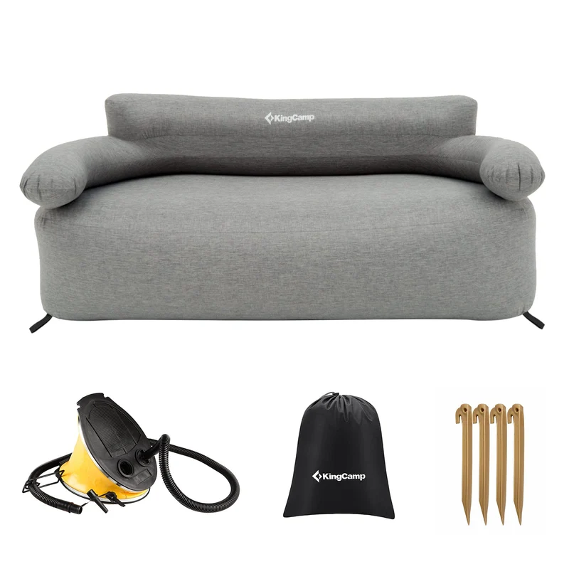 KingCamp SMASHING DUO 70 Double Inflatable Sofa, Grey 2-Person Outdoor Air Couch with 300D Cover, Foot Pump & Ground Stakes