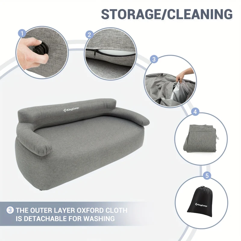 KingCamp SMASHING DUO 70 Double Inflatable Sofa, Grey 2-Person Outdoor Air Couch with 300D Cover, Foot Pump & Ground Stakes