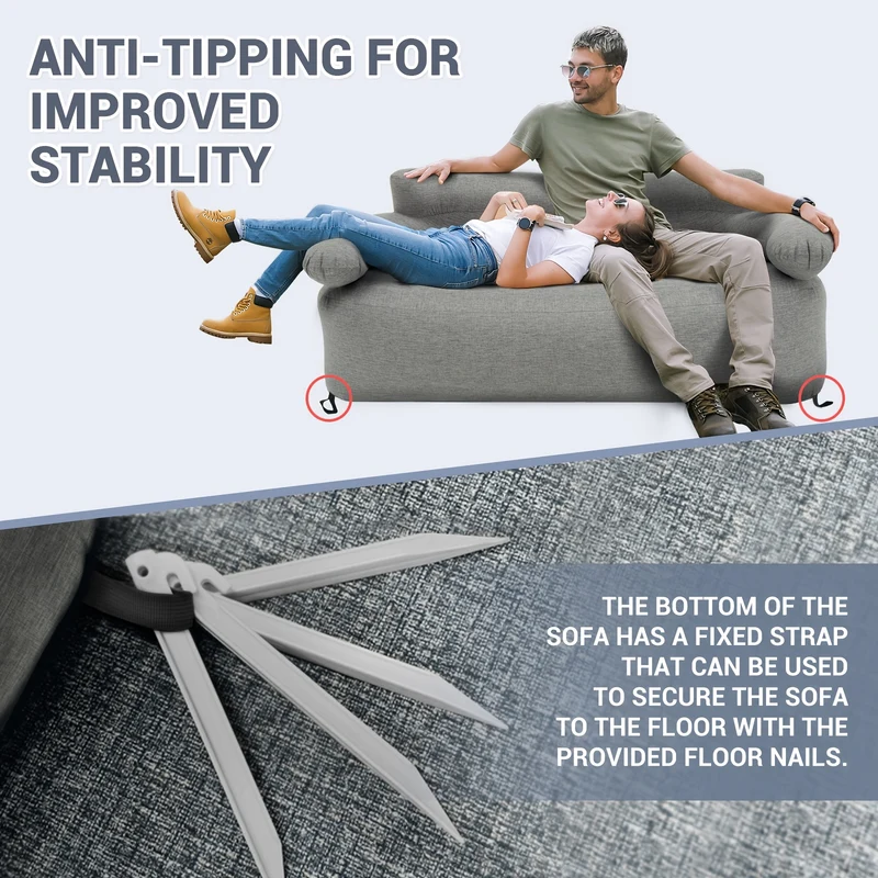 KingCamp SMASHING DUO 70 Double Inflatable Sofa, Grey 2-Person Outdoor Air Couch with 300D Cover, Foot Pump & Ground Stakes