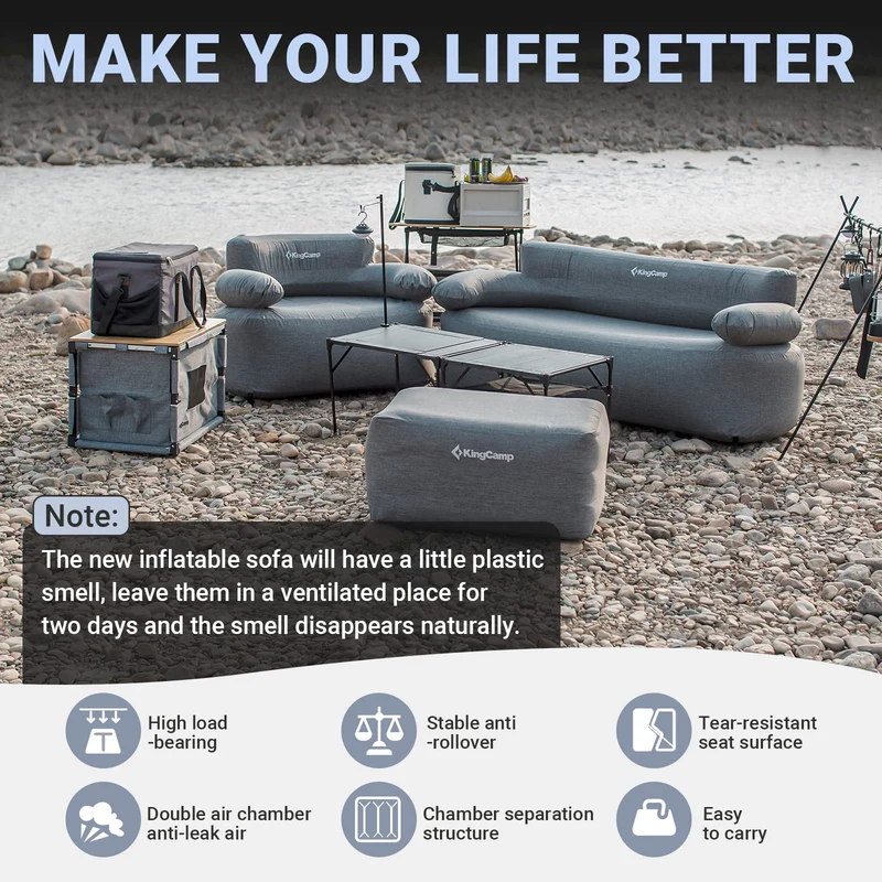 KingCamp SMASHING DUO 70 Double Inflatable Sofa, Grey 2-Person Outdoor Air Couch with 300D Cover, Foot Pump & Ground Stakes