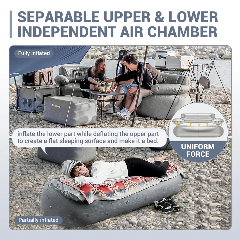 KingCamp SMASHING DUO 70 Double Inflatable Sofa, Grey 2-Person Outdoor Air Couch with 300D Cover, Foot Pump & Ground Stakes