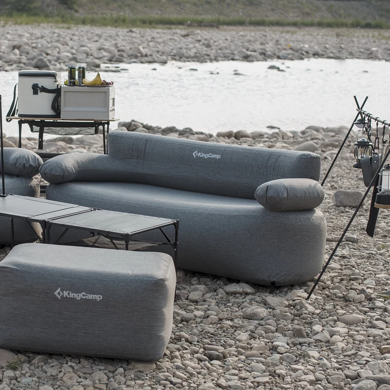 KingCamp SMASHING DUO 70 Double Inflatable Sofa, Grey 2-Person Outdoor Air Couch with 300D Cover, Foot Pump & Ground Stakes