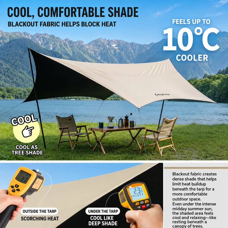 KingCamp Shield Hexa Tarp | 14.4ft x 14.4ft Blackout Sun Shelter with Hexagon Design, 210D Oxford Full Light-Blocking Canopy, PU3000mm Waterproof