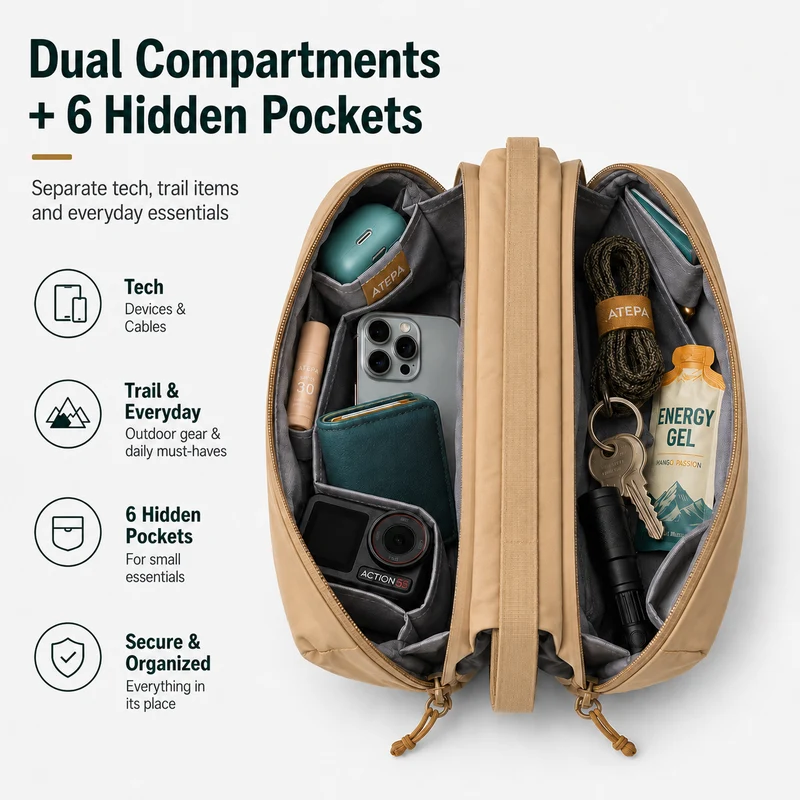 ATEPA Rugged Mini Trail Sling Bag, 210D Ripstop Nylon Crossbody Pouch with Rope Strap, Dual Compartments & Bungee Storage