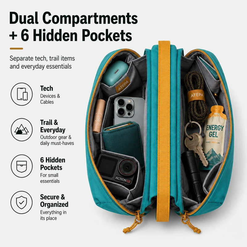 ATEPA Rugged Mini Trail Sling Bag, 210D Ripstop Nylon Crossbody Pouch with Rope Strap, Dual Compartments & Bungee Storage