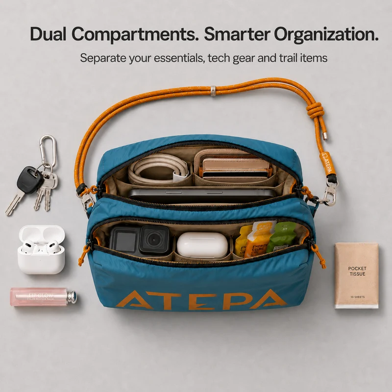 ATEPA Mini Trail Sling Bag, Unisex Lightweight Crossbody Pouch with Rope Strap, Dual Compartments & Bungee Storage