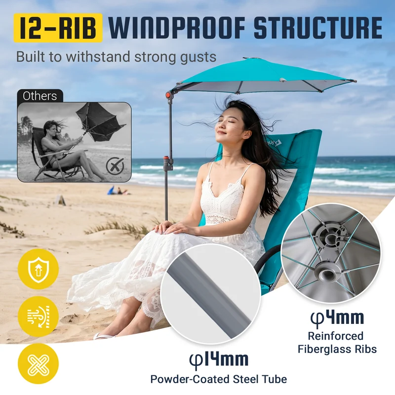 HoverShade Clip-On Umbrella for Beach Chairs, UPF 50+ Adjustable Chair Shade with Clamp, 360° Rotating Canopy & Carry Bag