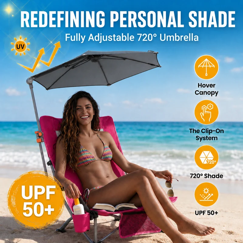 HoverShade Clip-On Umbrella for Beach Chairs, UPF 50+ Adjustable Chair Shade with Clamp, 360° Rotating Canopy & Carry Bag