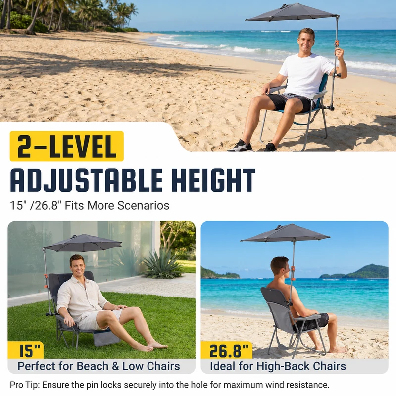 HoverShade Clip-On Umbrella for Beach Chairs, UPF 50+ Adjustable Chair Shade with Clamp, 360° Rotating Canopy & Carry Bag