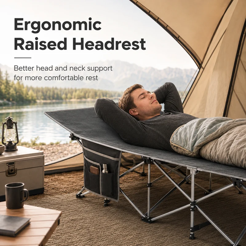 KingCamp Ravon C10 Camping Cot | Quick-Folding 10-Leg Cot with Ergonomic Raised Head, 264lb Capacity, Padded Headrest & Side Pocket