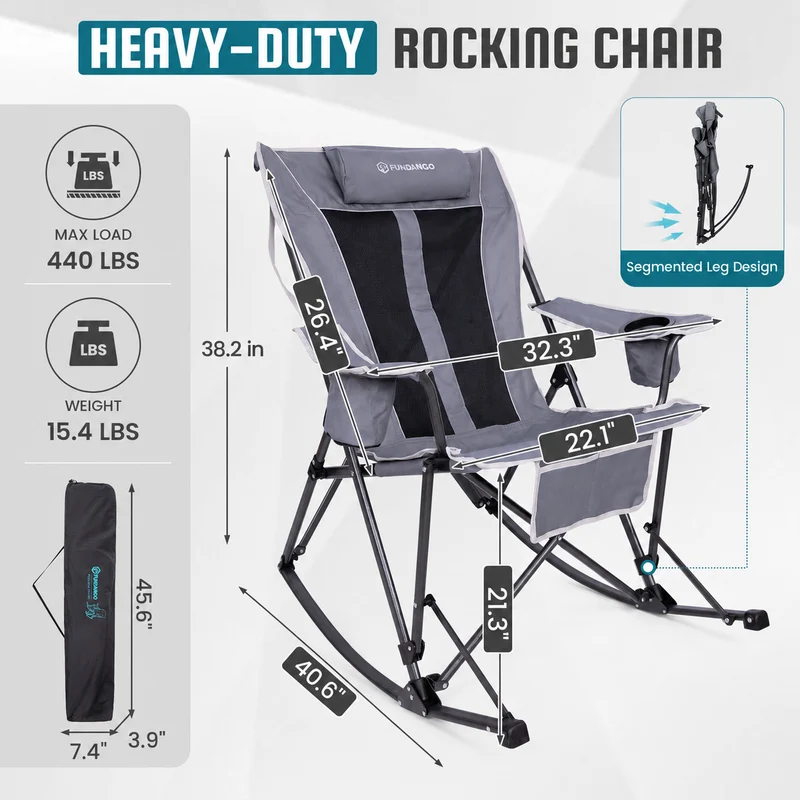 FUNDANGO SunsetHaven 3D Mesh L Portable Rocking Camp Chair | High-Back Padded Rocker with Breathable 3D Mesh, 440lb Capacity