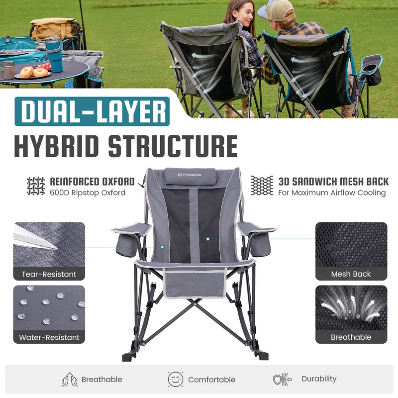 FUNDANGO SunsetHaven 3D Mesh L Portable Rocking Camp Chair | High-Back Padded Rocker with Breathable 3D Mesh, 440lb Capacity