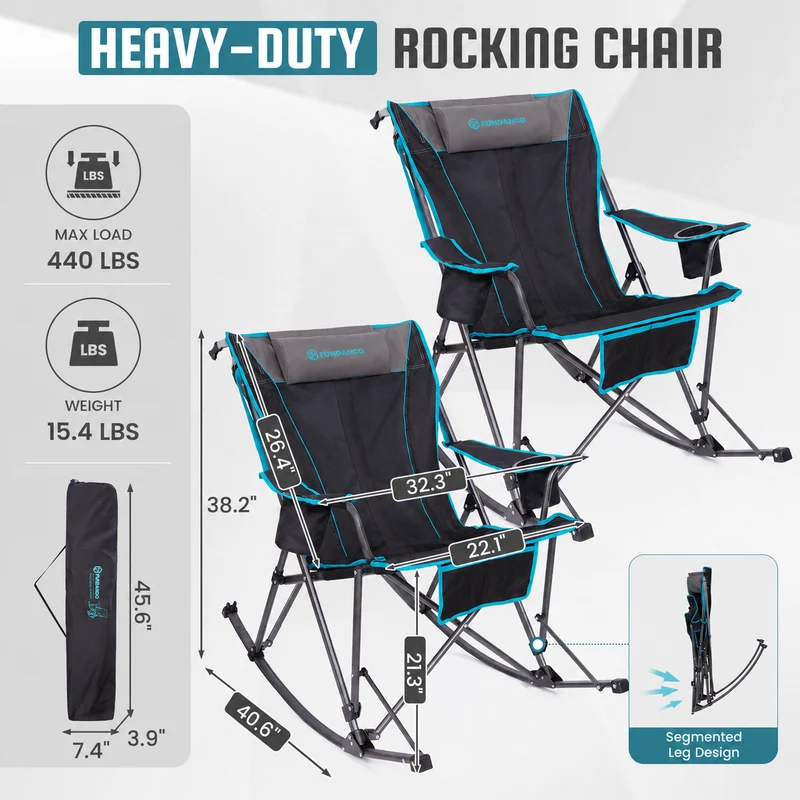 FUNDANGO SunsetHaven 3D Mesh L Portable Rocking Camp Chair | High-Back Padded Rocker with Breathable 3D Mesh, 440lb Capacity