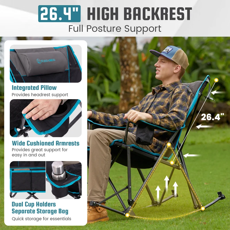 FUNDANGO SunsetHaven 3D Mesh L Portable Rocking Camp Chair | High-Back Padded Rocker with Breathable 3D Mesh, 440lb Capacity