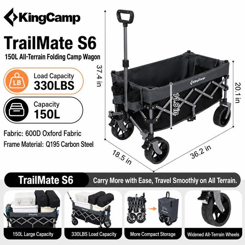 KingCamp TrailMate S6 Compact Folding Wagon | 150L Lightweight Utility Cart with 6" All-Terrain Wheels, 330lb Capacity