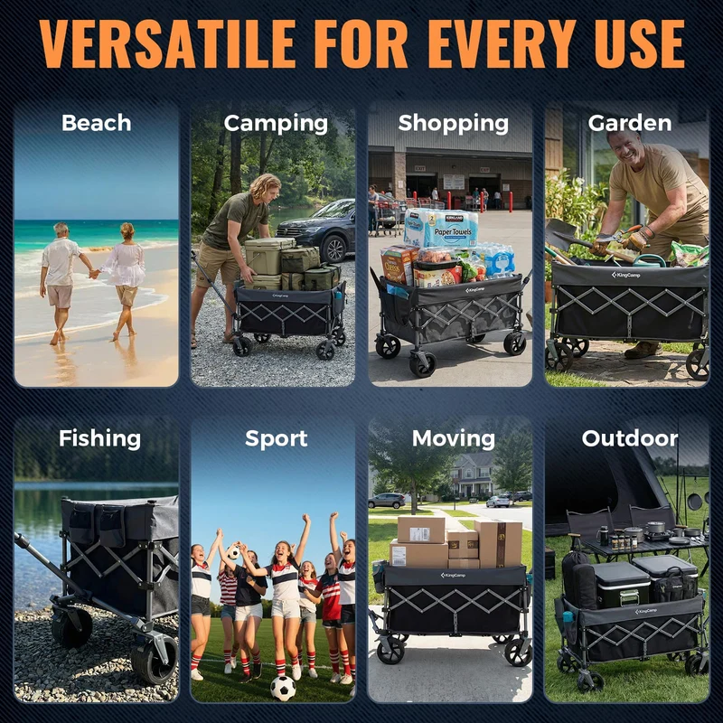 KingCamp TrailMate L7 Heavy Duty Folding Wagon | 300L Large Capacity Compact-Fold Utility Cart with 7" All-Terrain Wheels, 400lb Capacity
