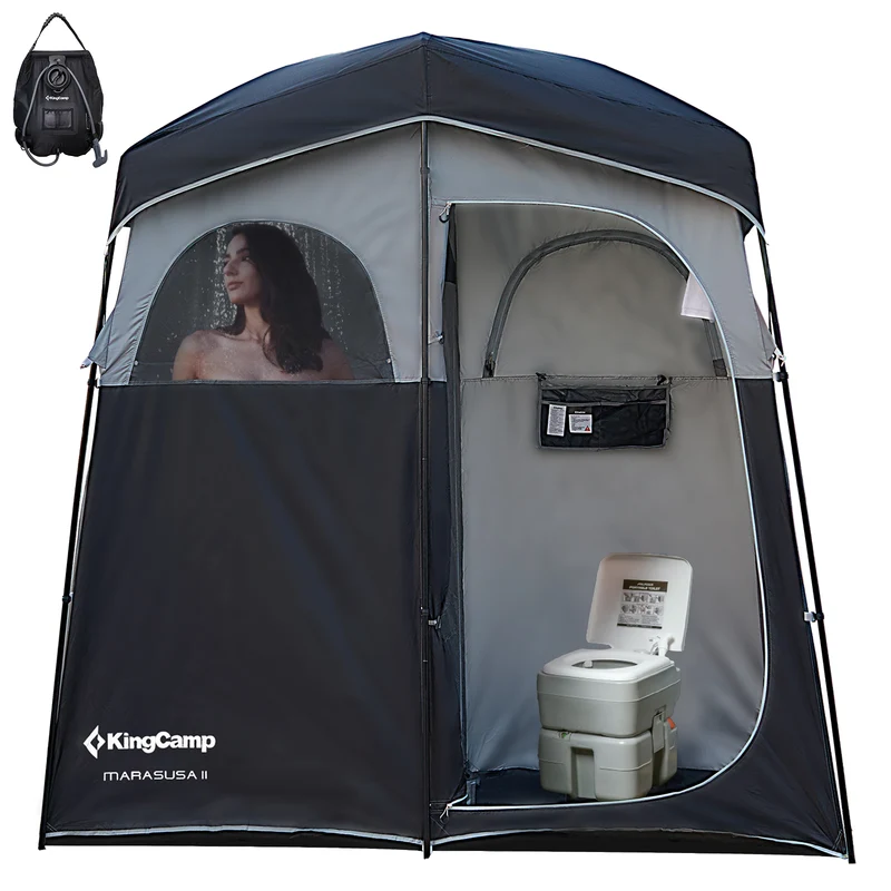 KingCamp MARASUSA II Double Privacy Shelter with 20L Solar Shower Bag | 2-Room Camping Shower Tent, UPF50+ Sun Protection, Portable Outdoor Shower Kit