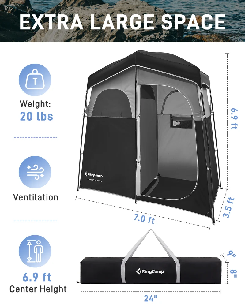 KingCamp MARASUSA II Double Privacy Shelter with 20L Solar Shower Bag | 2-Room Camping Shower Tent, UPF50+ Sun Protection, Portable Outdoor Shower Kit