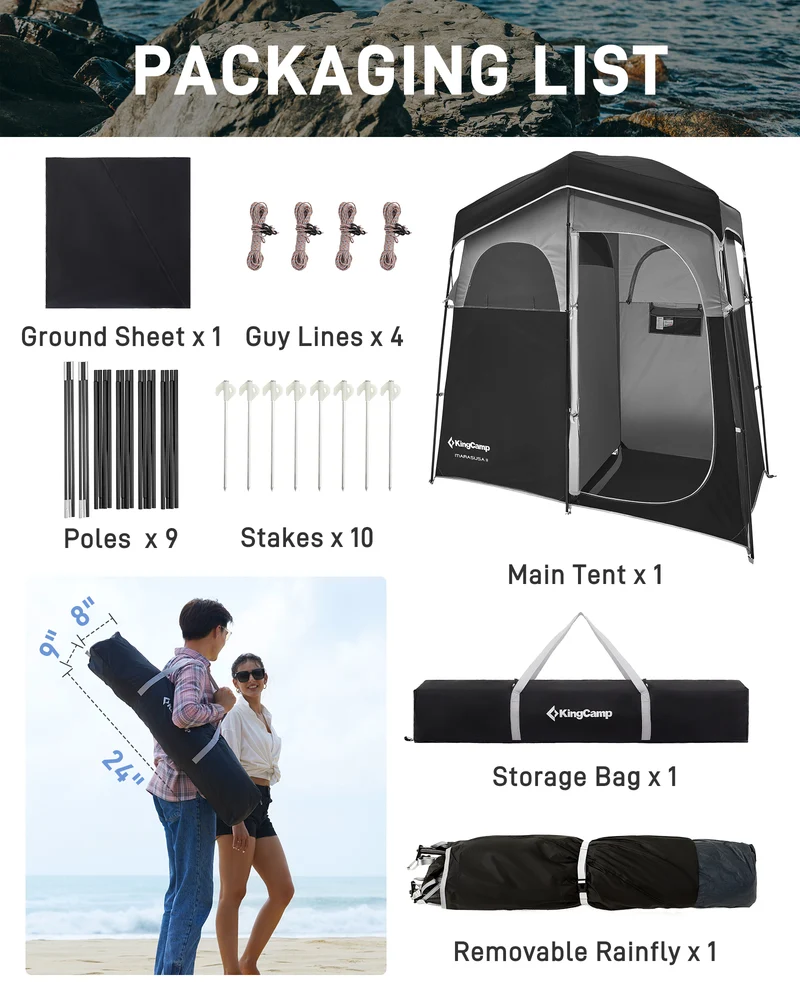 KingCamp MARASUSA II Double Privacy Shelter with 20L Solar Shower Bag | 2-Room Camping Shower Tent, UPF50+ Sun Protection, Portable Outdoor Shower Kit