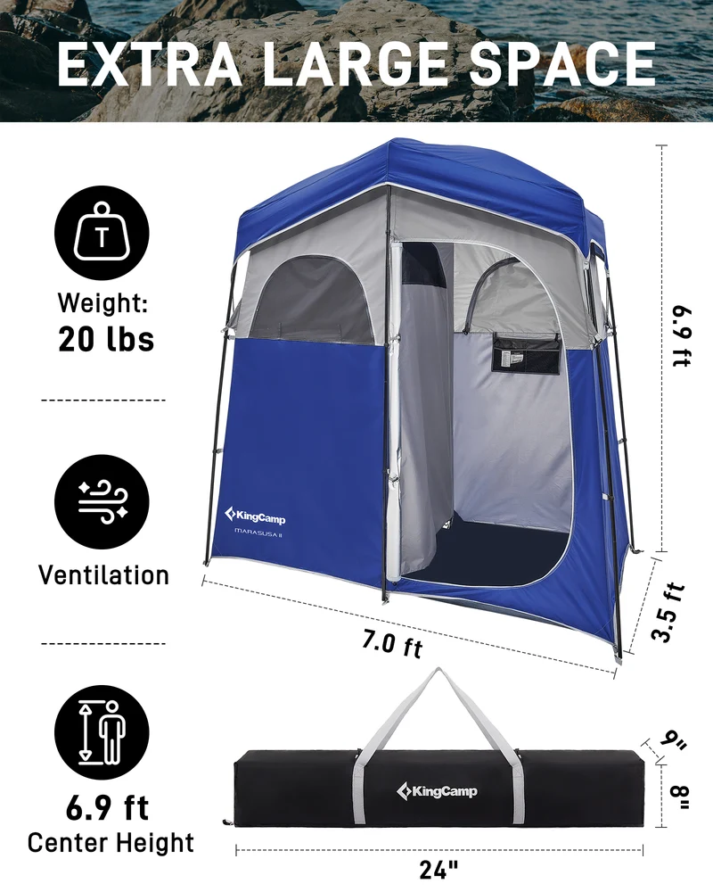 KingCamp MARASUSA II Double Privacy Shelter with 20L Solar Shower Bag | 2-Room Camping Shower Tent, UPF50+ Sun Protection, Portable Outdoor Shower Kit