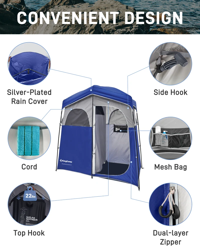 KingCamp MARASUSA II Double Privacy Shelter with 20L Solar Shower Bag | 2-Room Camping Shower Tent, UPF50+ Sun Protection, Portable Outdoor Shower Kit