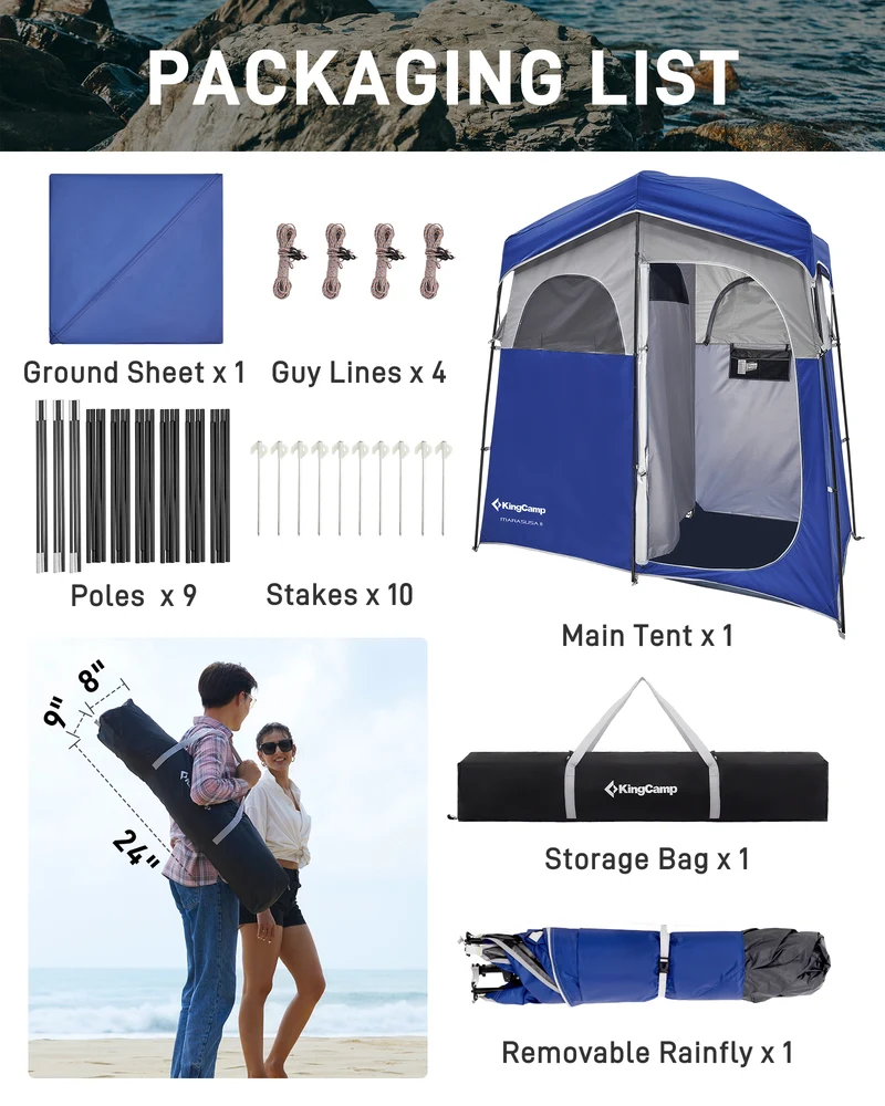 KingCamp MARASUSA II Double Privacy Shelter with 20L Solar Shower Bag | 2-Room Camping Shower Tent, UPF50+ Sun Protection, Portable Outdoor Shower Kit