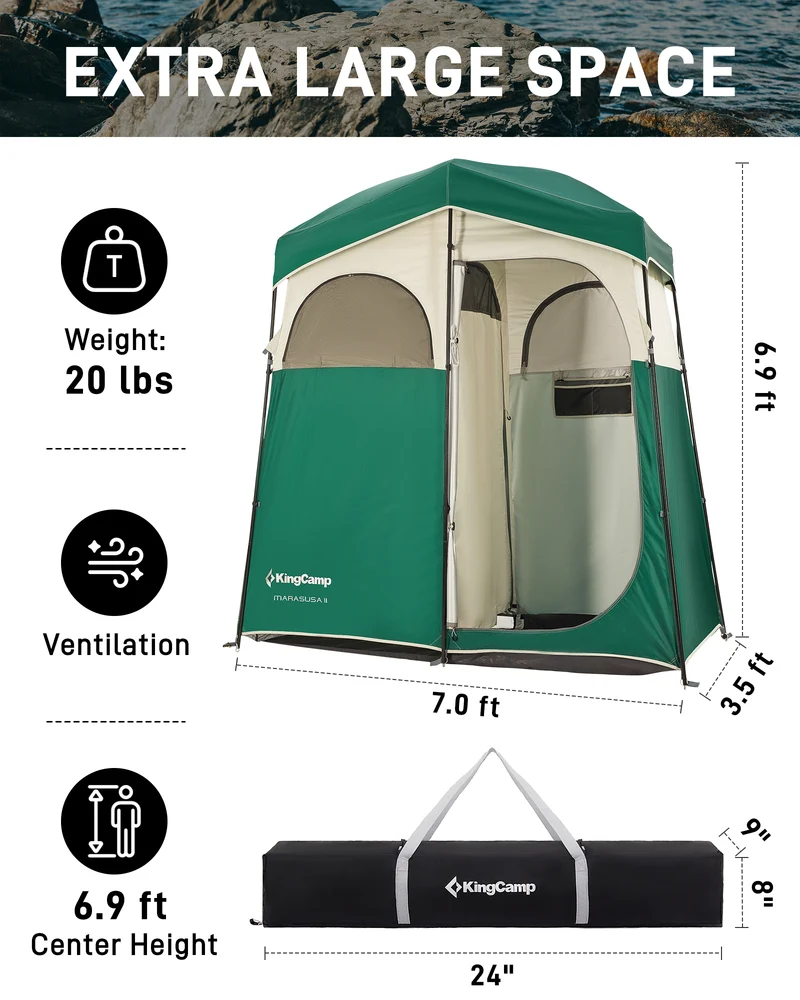 KingCamp MARASUSA II Double Privacy Shelter with 20L Solar Shower Bag | 2-Room Camping Shower Tent, UPF50+ Sun Protection, Portable Outdoor Shower Kit