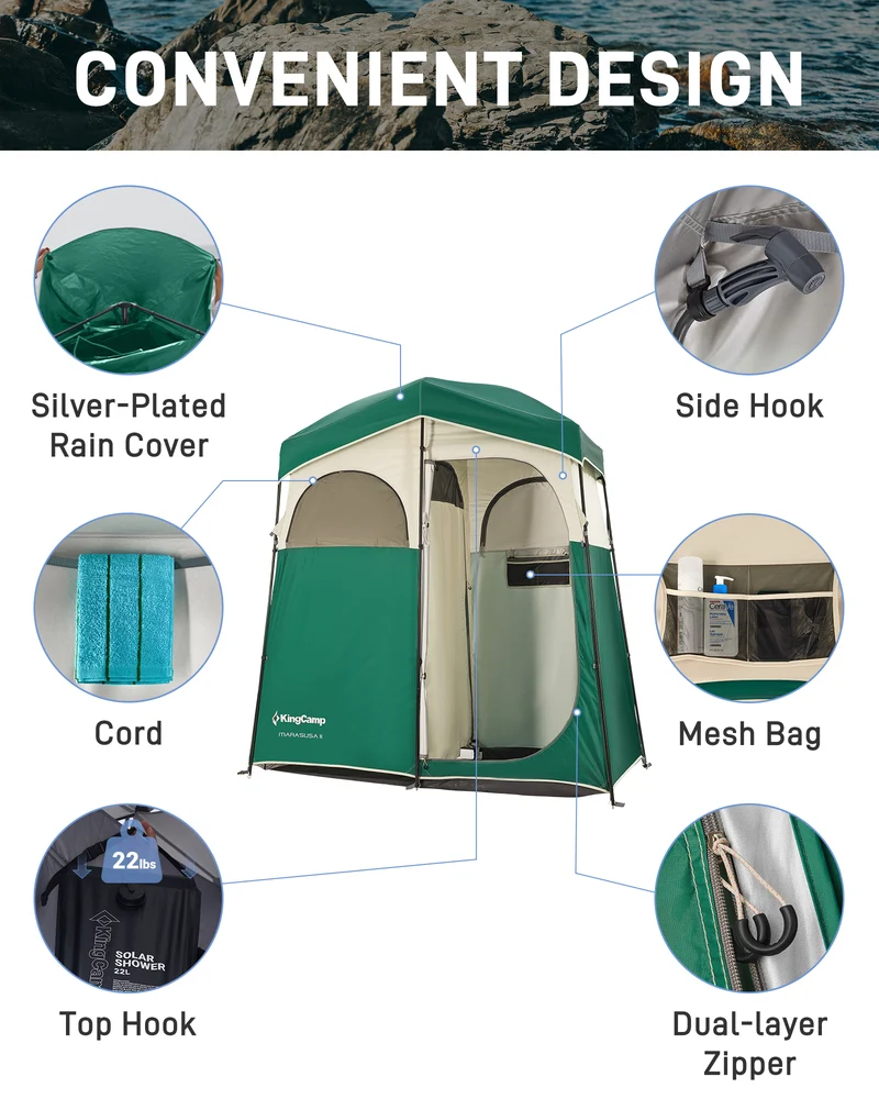 KingCamp MARASUSA II Double Privacy Shelter with 20L Solar Shower Bag | 2-Room Camping Shower Tent, UPF50+ Sun Protection, Portable Outdoor Shower Kit