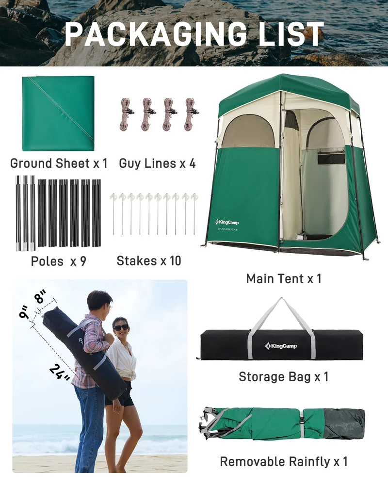 KingCamp MARASUSA II Double Privacy Shelter with 20L Solar Shower Bag | 2-Room Camping Shower Tent, UPF50+ Sun Protection, Portable Outdoor Shower Kit