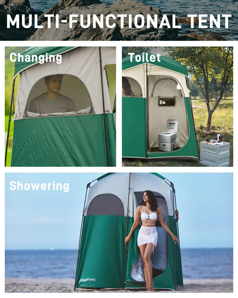 KingCamp MARASUSA II Double Privacy Shelter with 20L Solar Shower Bag | 2-Room Camping Shower Tent, UPF50+ Sun Protection, Portable Outdoor Shower Kit