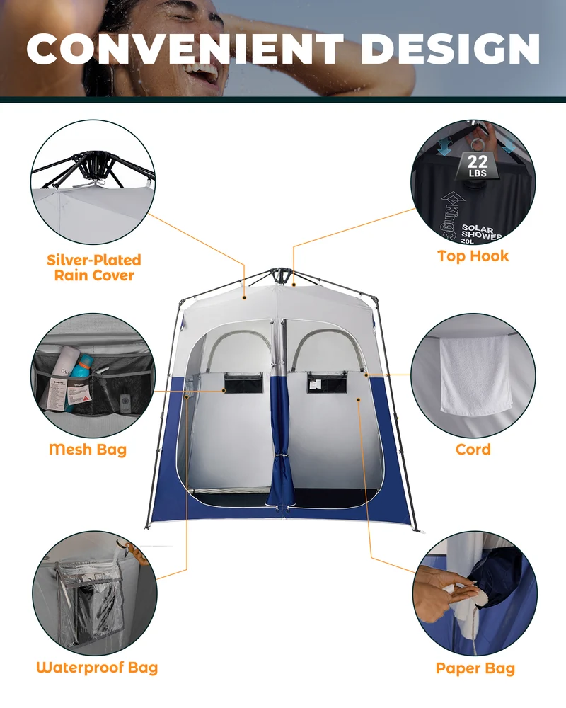 KingCamp MARASUSA Q II Double Privacy Shelter | 2-Room Pop-Up Shower Tent with UPF50+ Sun Protection