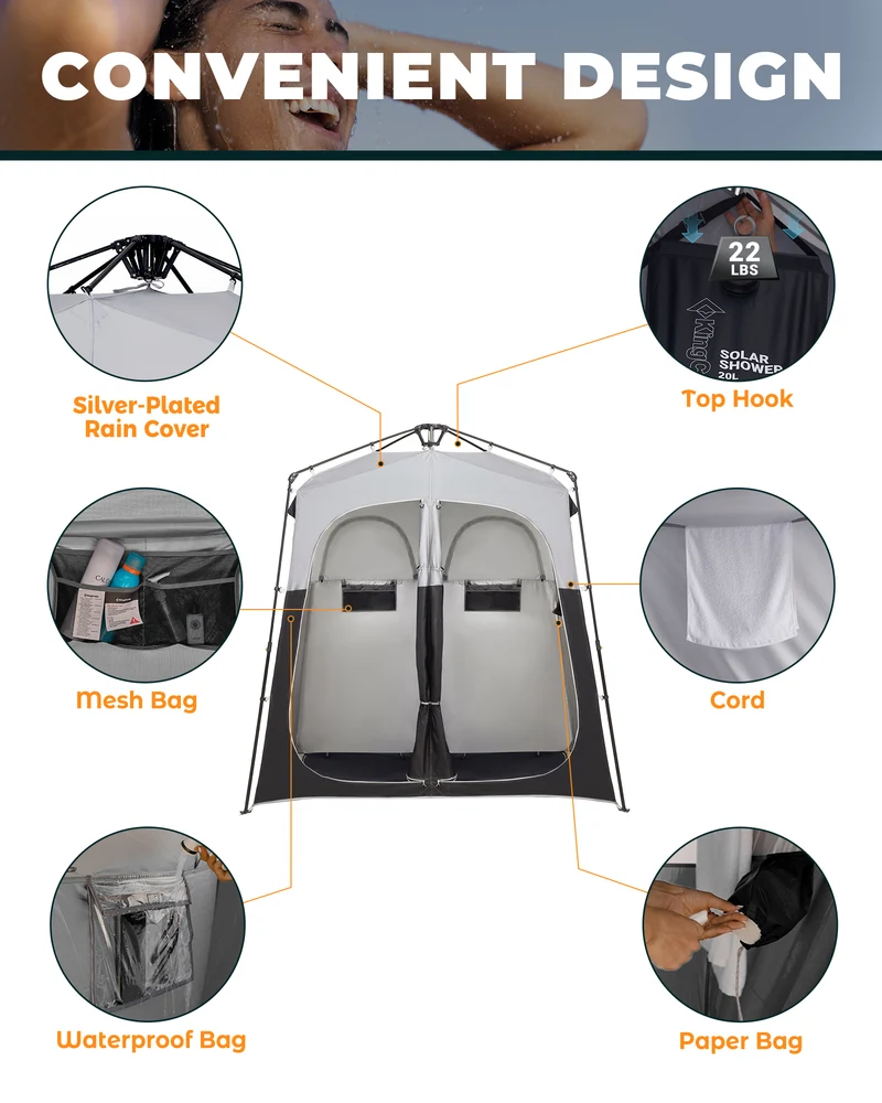 KingCamp MARASUSA Q II Double Privacy Shelter | 2-Room Pop-Up Shower Tent with UPF50+ Sun Protection