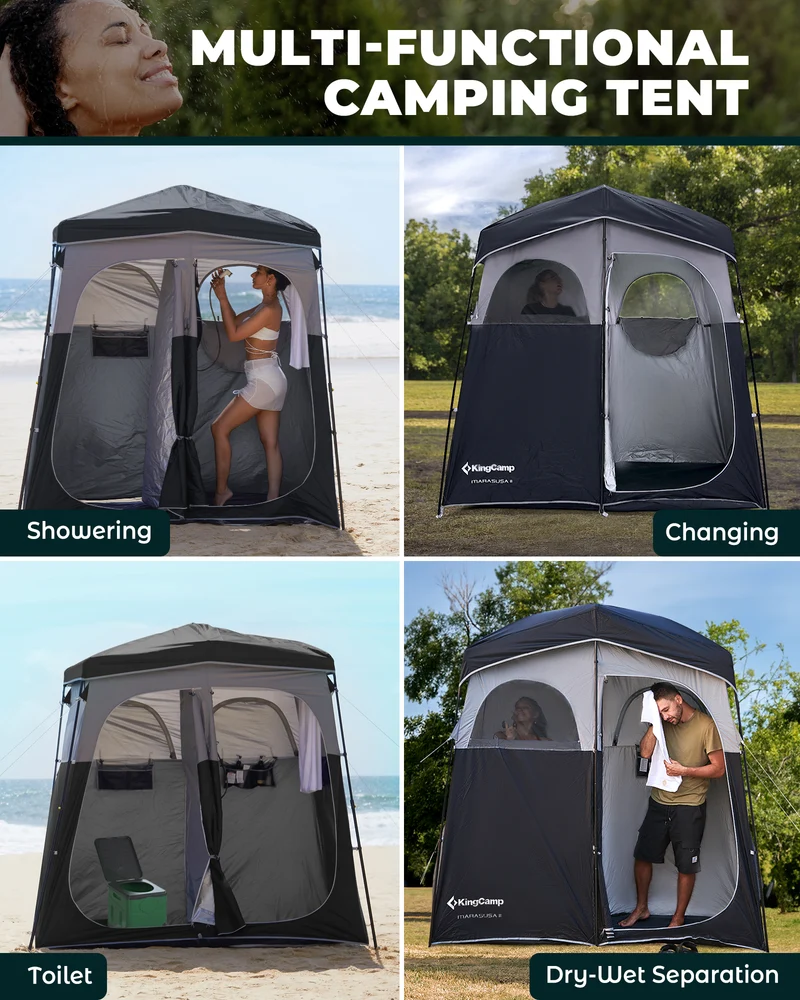 KingCamp MARASUSA Q II Double Privacy Shelter | 2-Room Pop-Up Shower Tent with UPF50+ Sun Protection