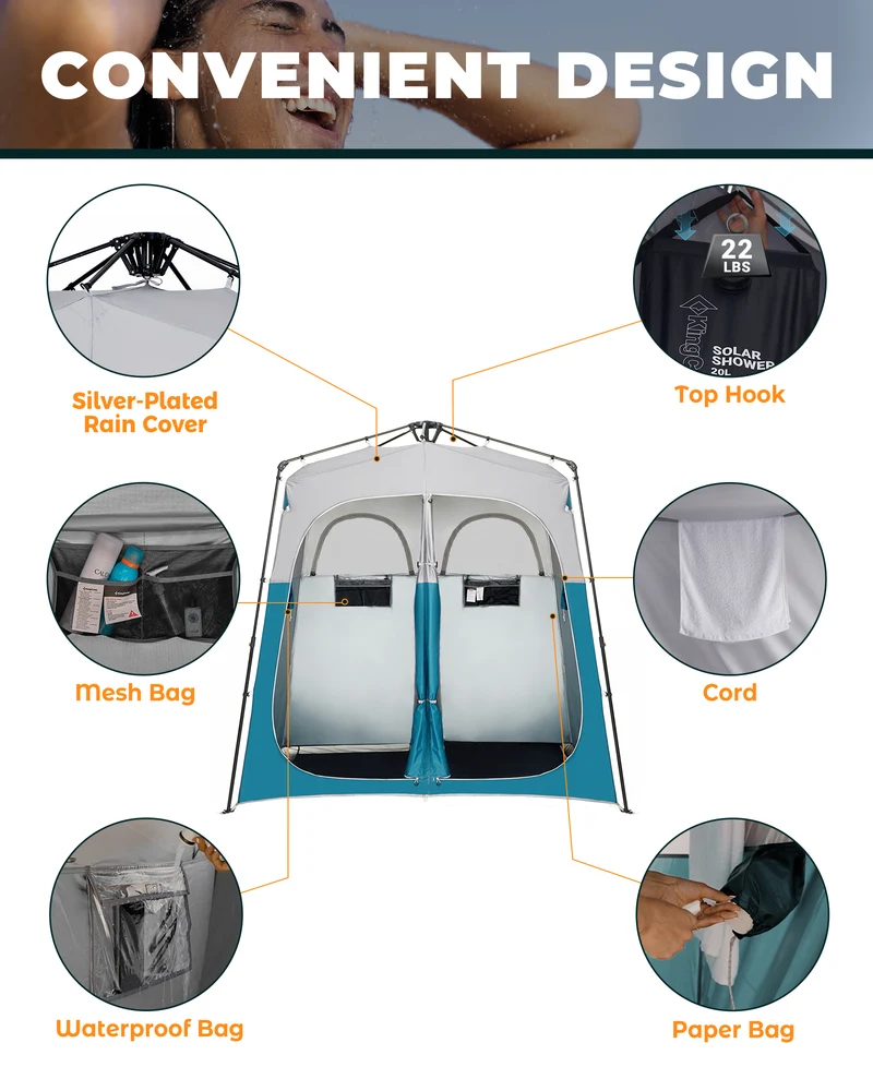 KingCamp MARASUSA Q II Double Privacy Shelter | 2-Room Pop-Up Shower Tent with UPF50+ Sun Protection