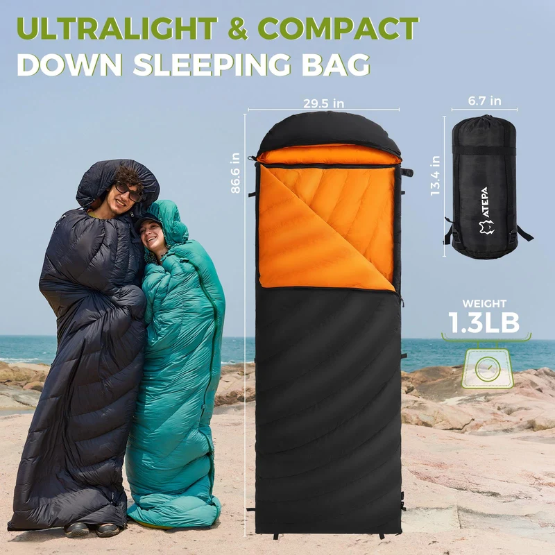 ATEPA COCOON HUG E2 400 Ultralight Coldmaster™ Down Sleeping Bag, 35°F 3-Season Backpacking Bag with Detachable Hood
