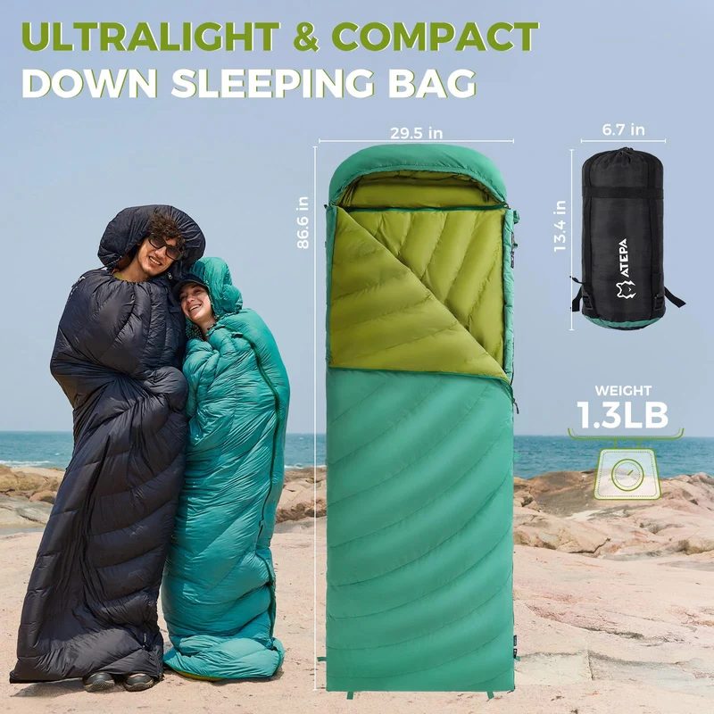 ATEPA COCOON HUG E2 400 Ultralight Coldmaster™ Down Sleeping Bag, 35°F 3-Season Backpacking Bag with Detachable Hood